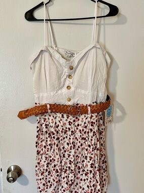 Knotted Spaghetti-Strap Mini Dress with Floral Skirt - White & Red